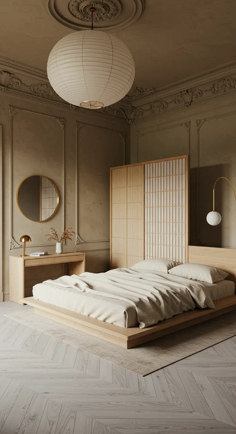 Bedroom blending Parisian moulding with a low Japandi-style bed, paper lantern, and screen.
