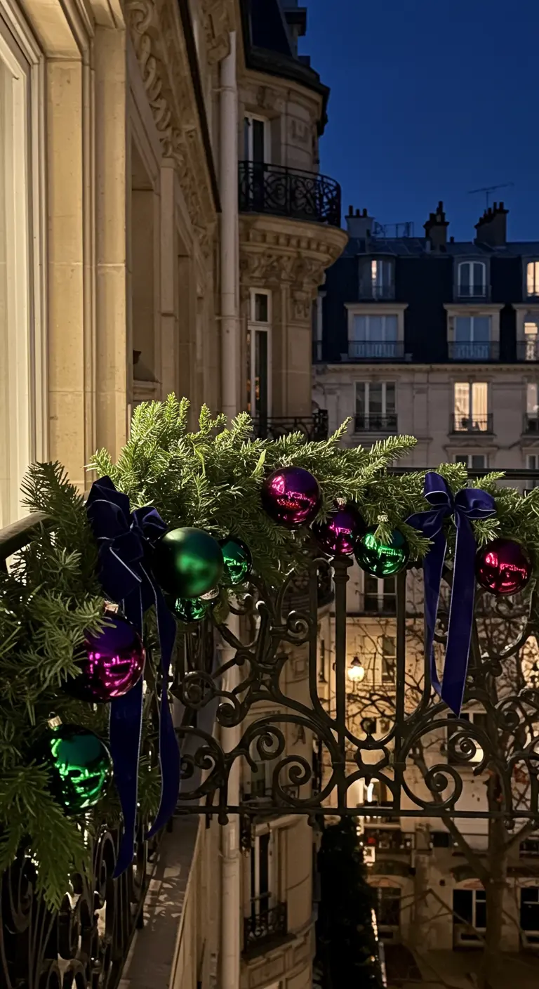 Ornate Parisian balcony railing with garland, jewel-toned ornaments, and dark blue velvet bows.