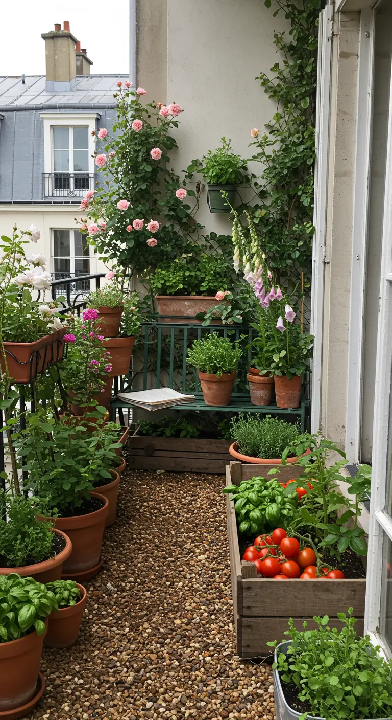 A lush balcony garden with terracotta pots, a wooden planter of tomatoes, herbs, and flowers.