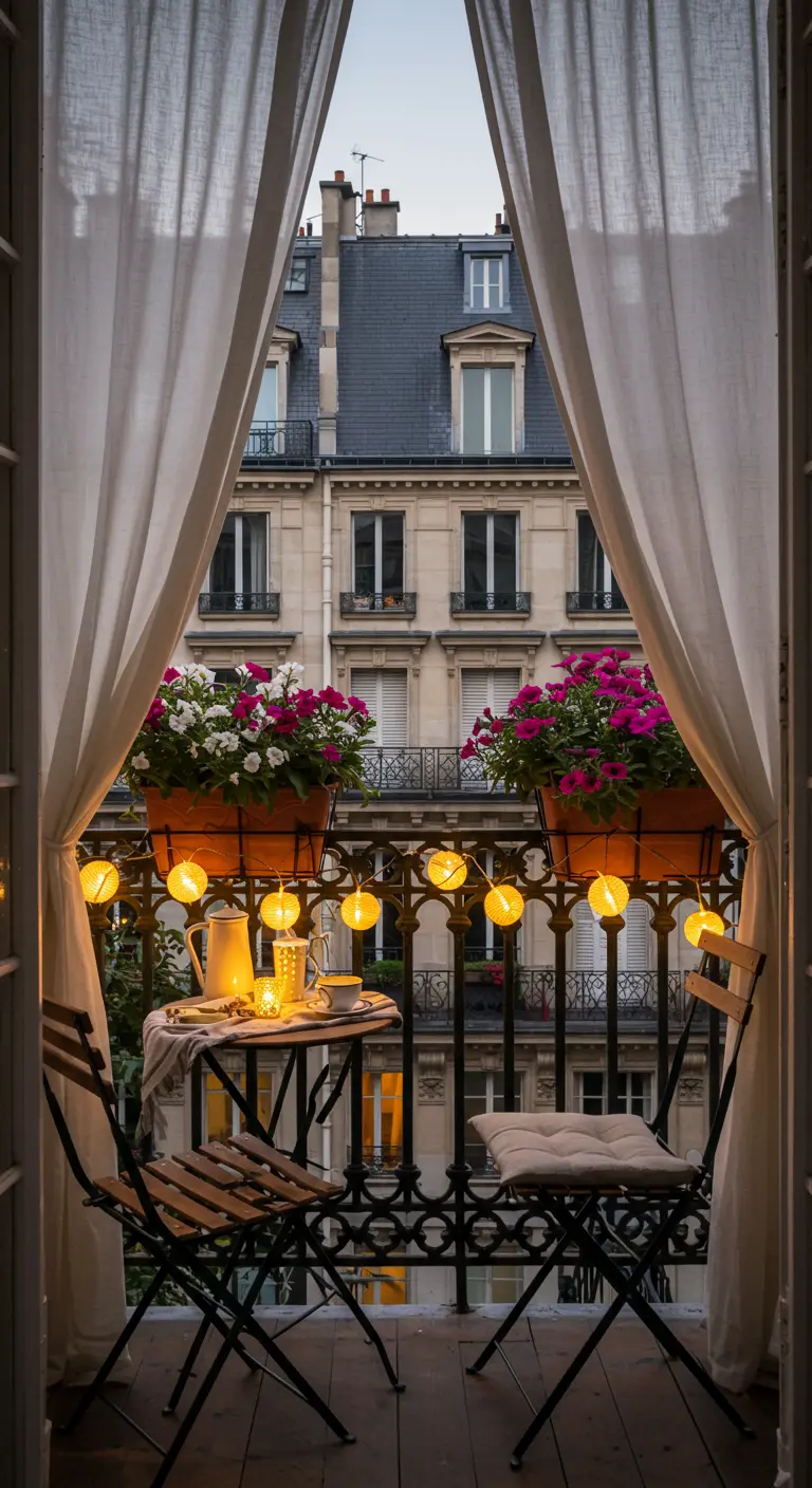 Parisian balcony with bistro set, petunias in planters, and warm globe string lights at dusk.