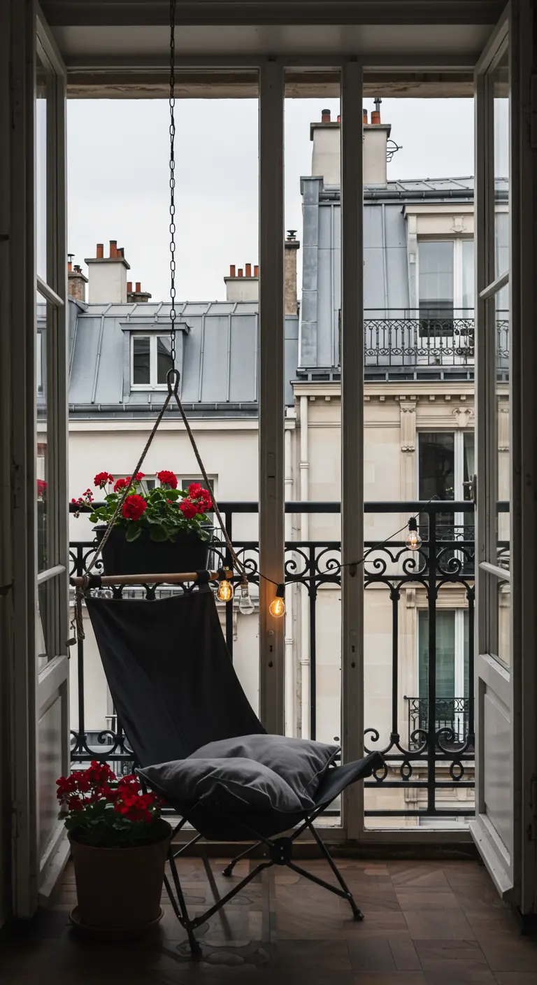 A hanging chair with red geraniums positioned in an open French window overlooking Parisian rooftops.