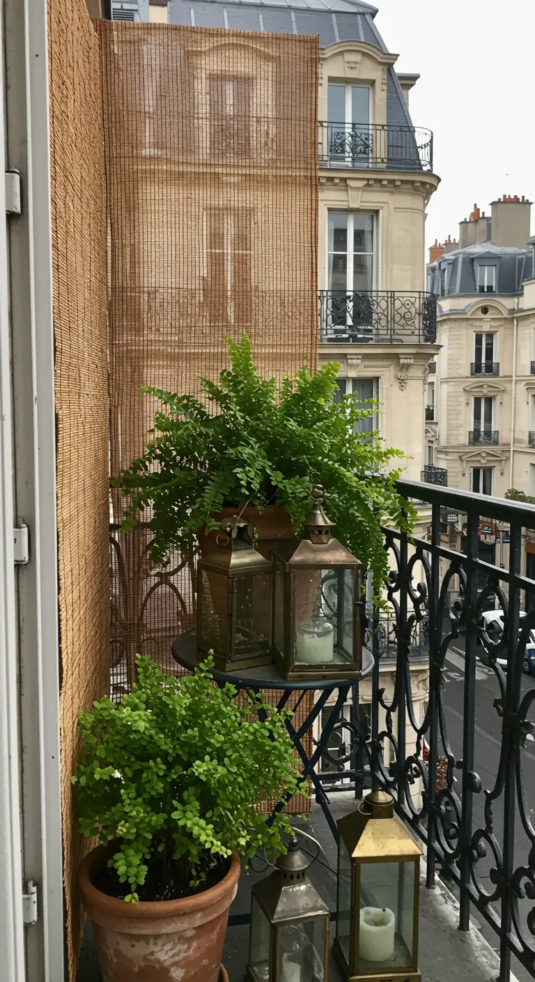 A small Parisian balcony with a bamboo screen, ferns, and classic lanterns on a bistro table.