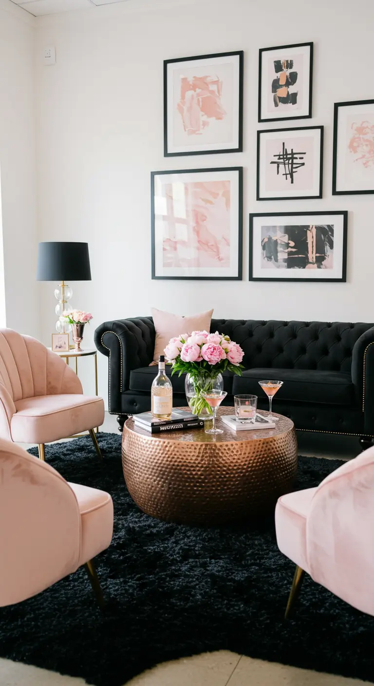 Chic living room with black tufted sofa, blush chairs, and a blush-and-black gallery wall.