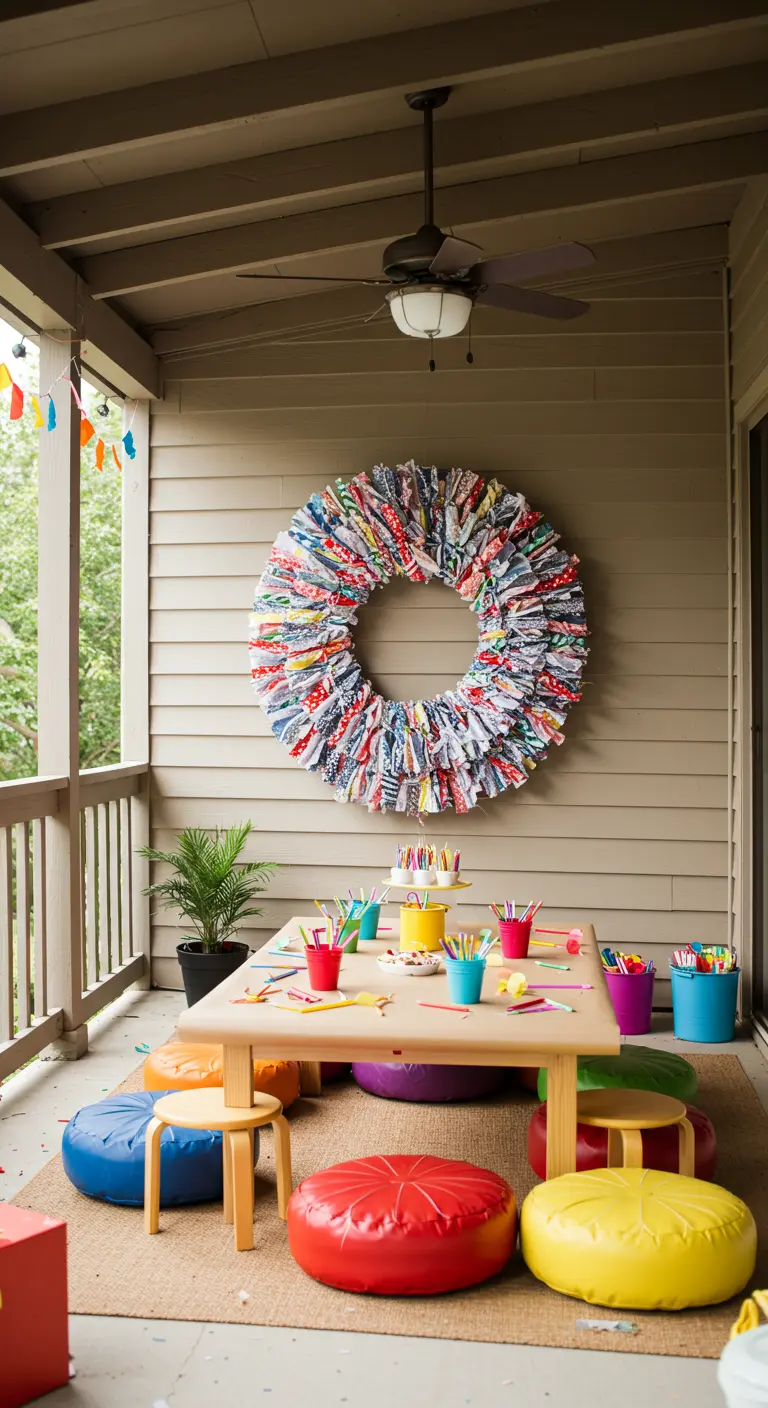 A large, colorful wreath made from tied fabric scraps hangs on a wall.