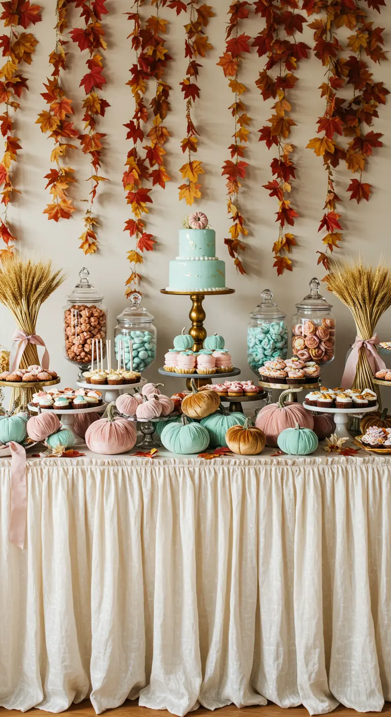 Pastel fall dessert table with a falling leaves backdrop and mint and pink pumpkins.