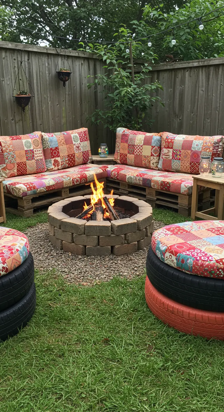 Fire pit with stacked tire seats and pallet sofas, all with colorful patchwork cushions.