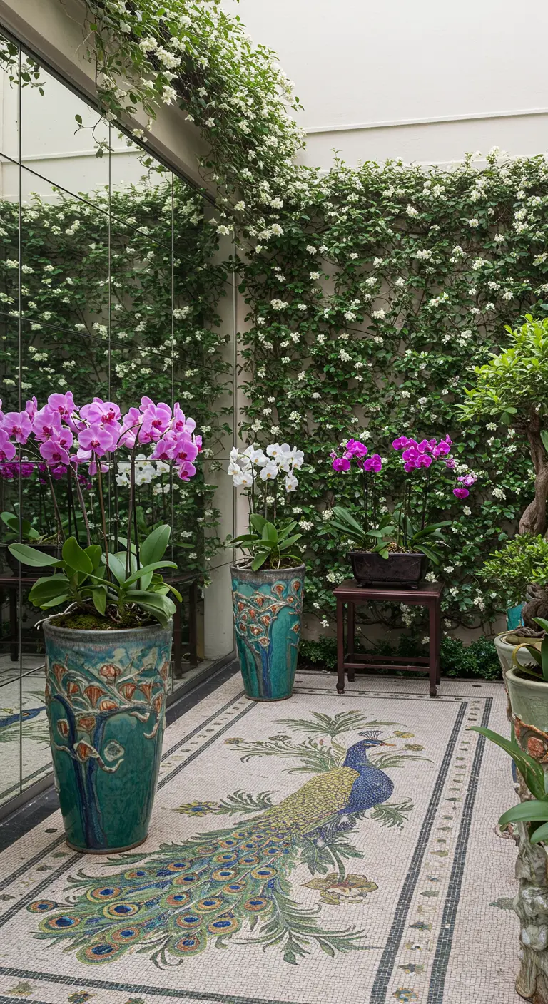 A long peacock mosaic on the floor is reflected in a large mirror on the patio wall.