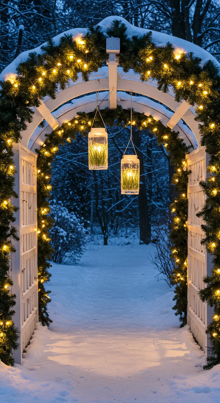 A white garden archway lit with garland and two hanging ice lanterns, opening to a snowy path.