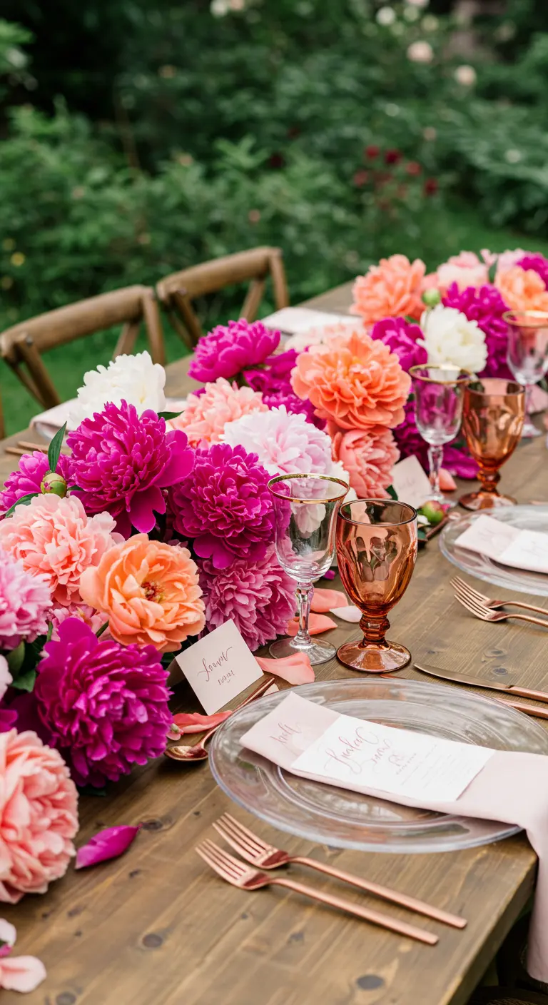 A long wooden table with a dense runner made entirely of pink and coral peonies.