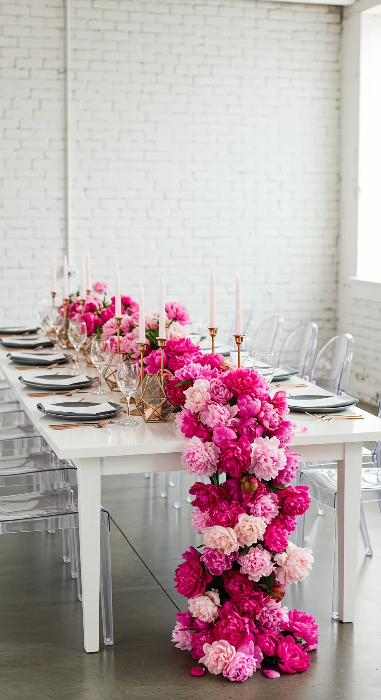 White table with a dramatic cascade of pink peonies and rose gold candle holders.