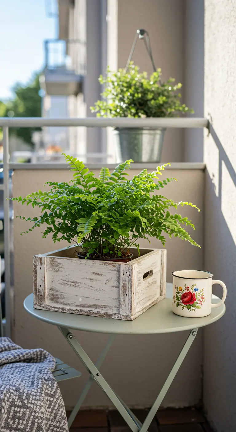 A small, whitewashed wooden crate holding a fern, sitting on a metal bistro table on a sunny balcony.