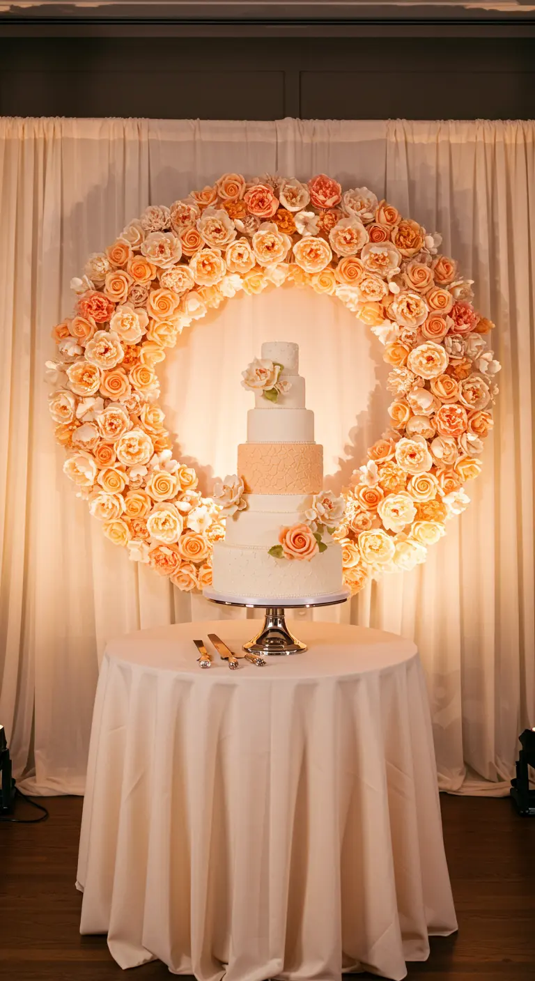 A five-tiered wedding cake in front of a giant wreath of peach roses.