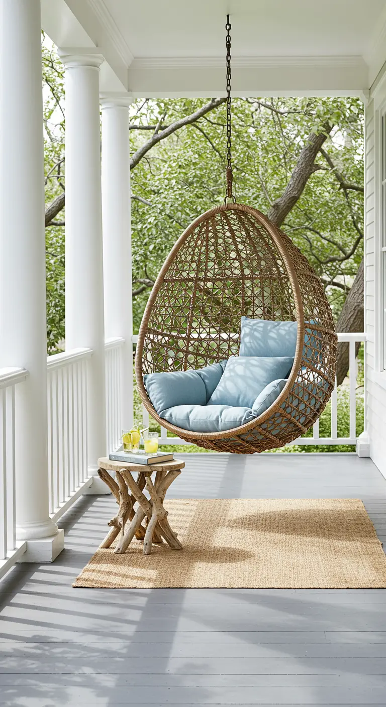 A woven hanging egg chair with light blue cushions on a white porch with a jute rug.