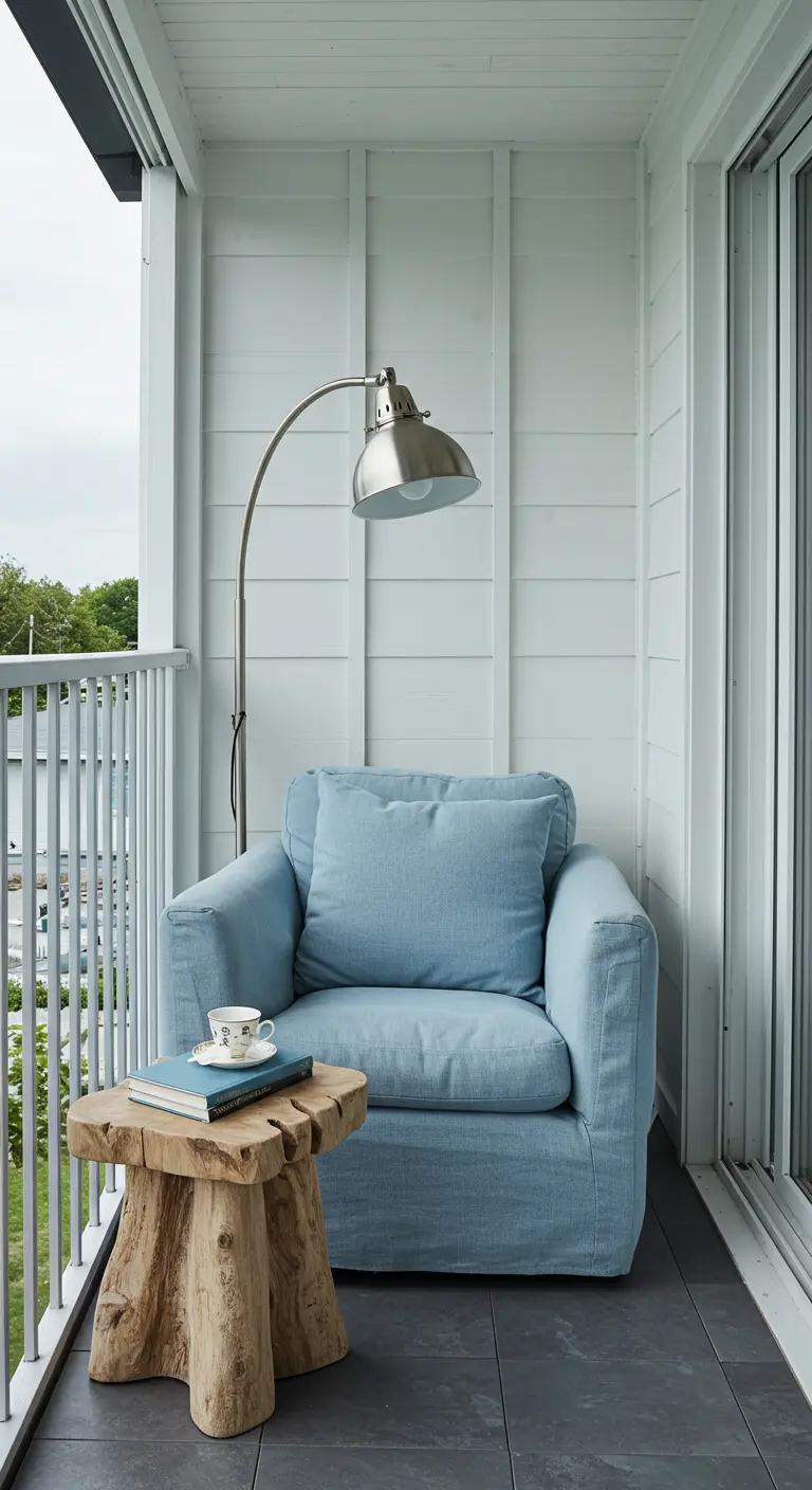 A small balcony corner with a comfy blue armchair, a stump side table, and a floor lamp.
