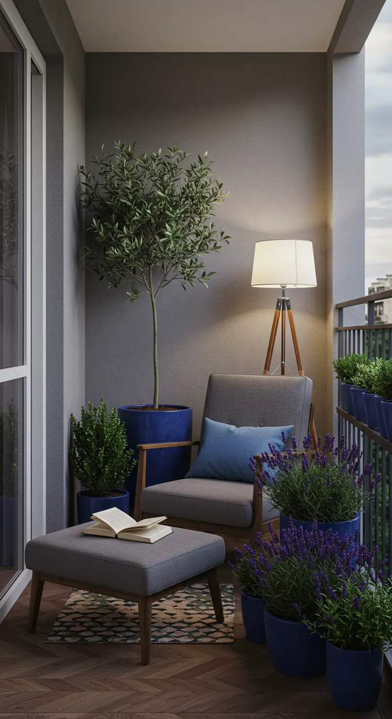 A cozy balcony reading nook with an armchair, floor lamp, olive tree, and lavender.