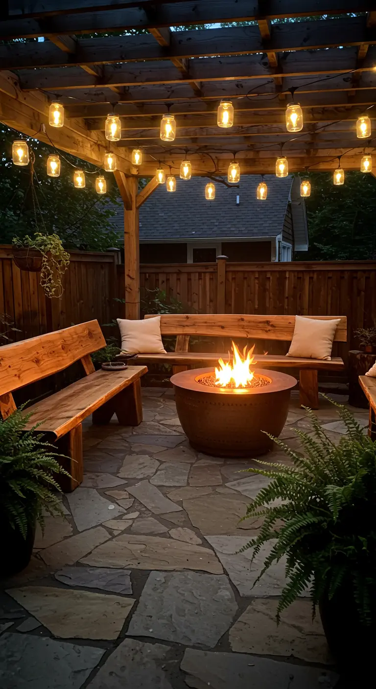 A cozy patio under a wooden pergola with a fire pit, log benches, and mason jar string lights.