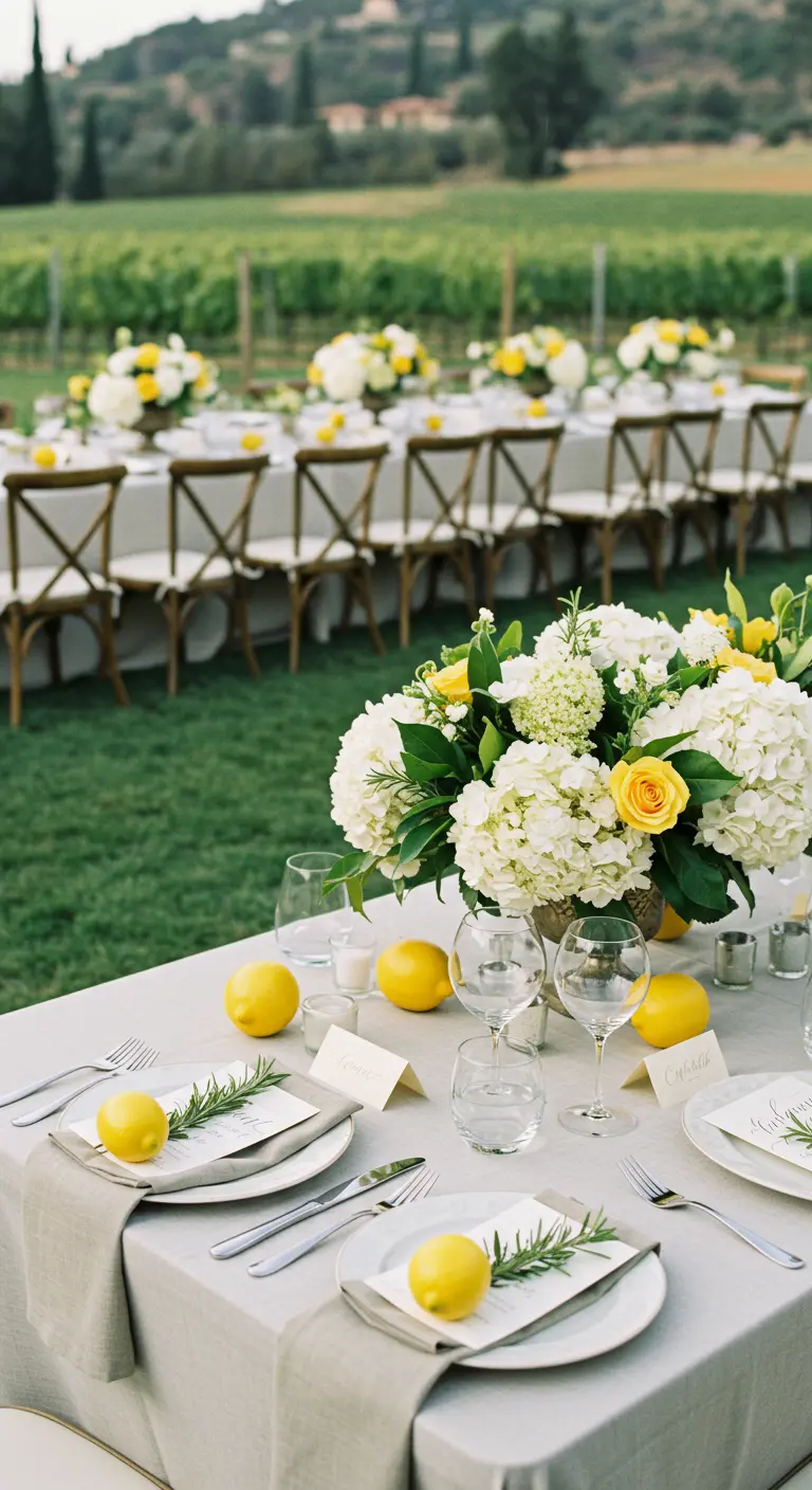 An elegant place setting with a lemon and a sprig of rosemary on a plate.