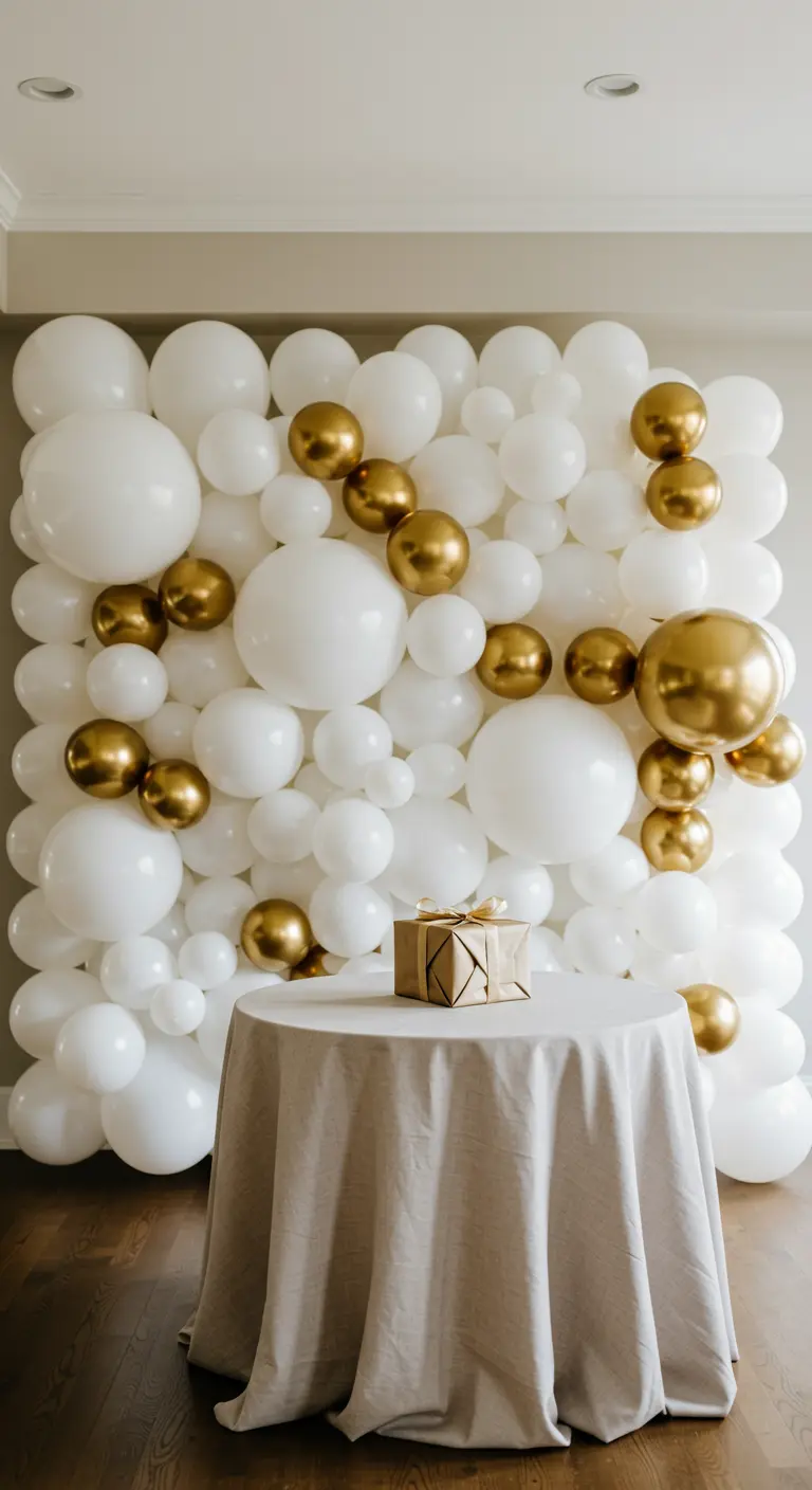 A wrapped gift on a table in front of a full wall of white and gold balloons.