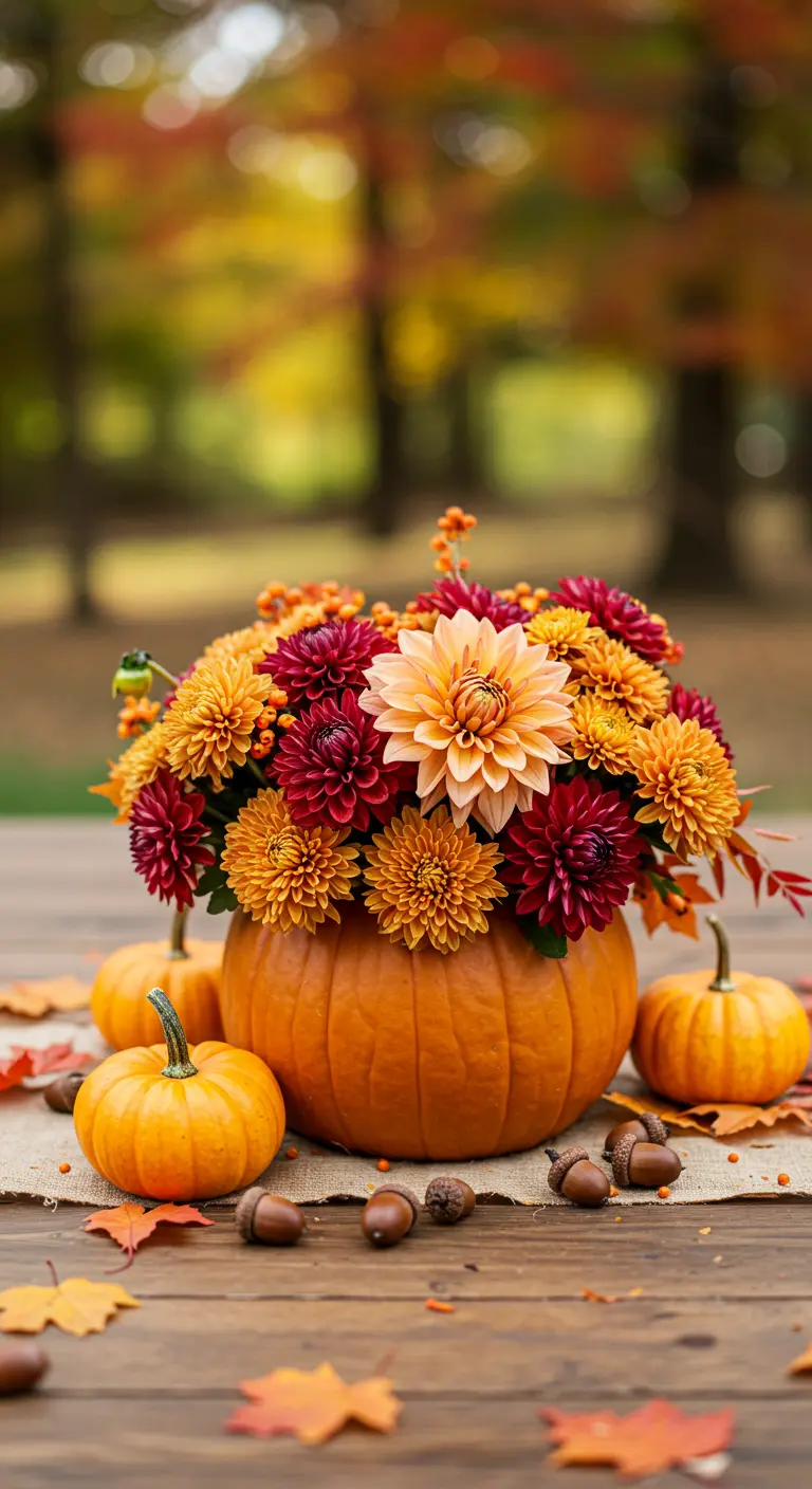 A hollowed-out pumpkin used as a vase for a vibrant fall floral arrangement.