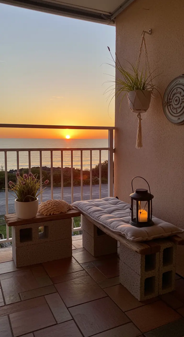A small cinder block bench on a tiny balcony with a lantern, overlooking the ocean at sunset.