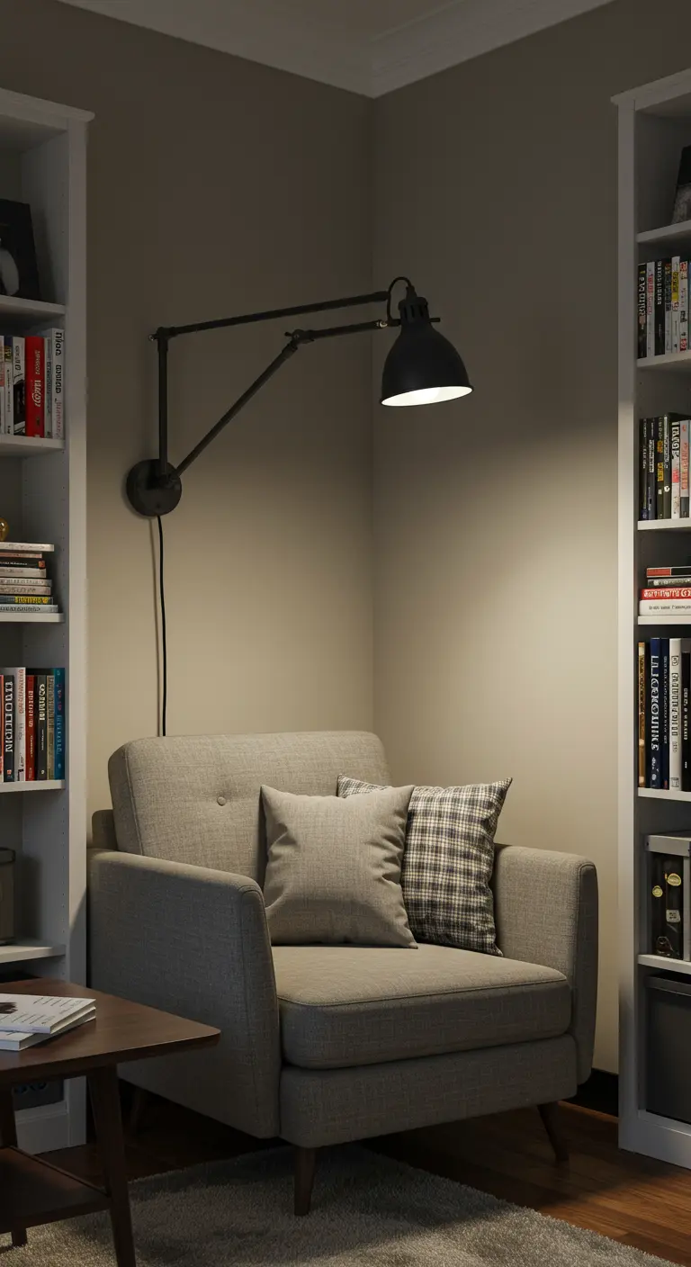 Reading nook with a grey armchair between two white bookcases, lit by a black swing-arm lamp.