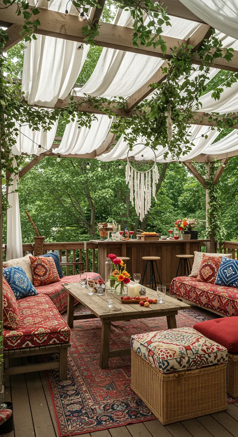 A covered wooden deck lounge with fabric-draped ceiling, patterned cushions, and a central bar.