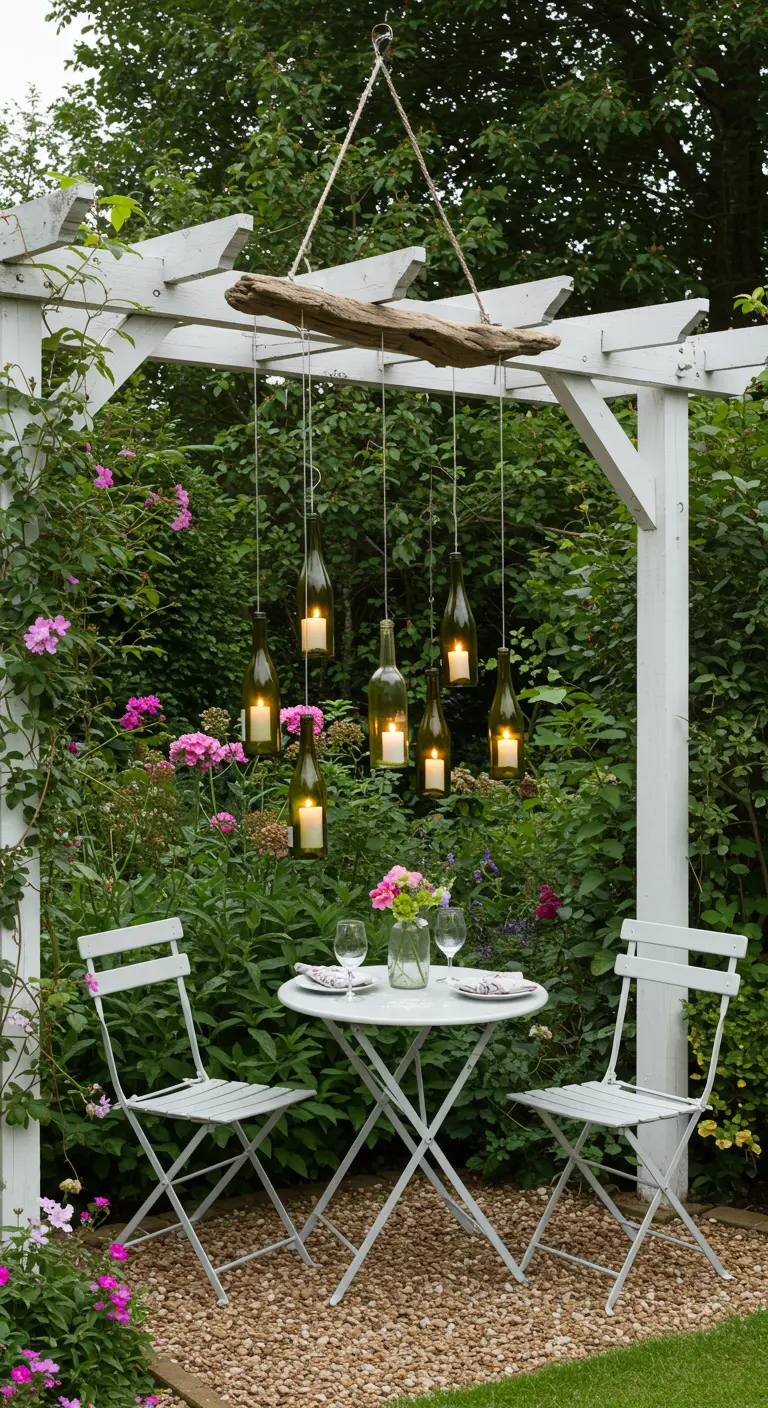 DIY chandelier made of driftwood and hanging wine bottle candles under a white pergola.