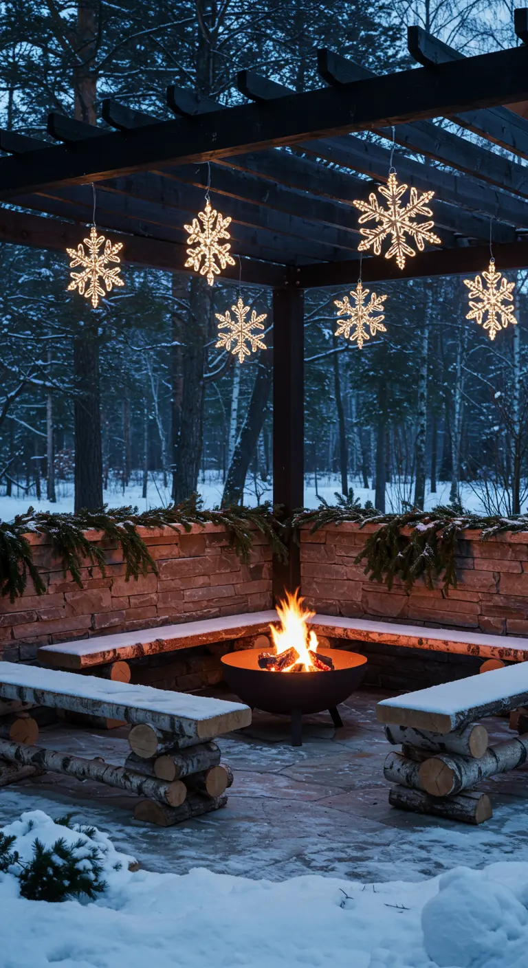 Snowy fire pit area under a pergola with hanging snowflake lights and birch log benches.