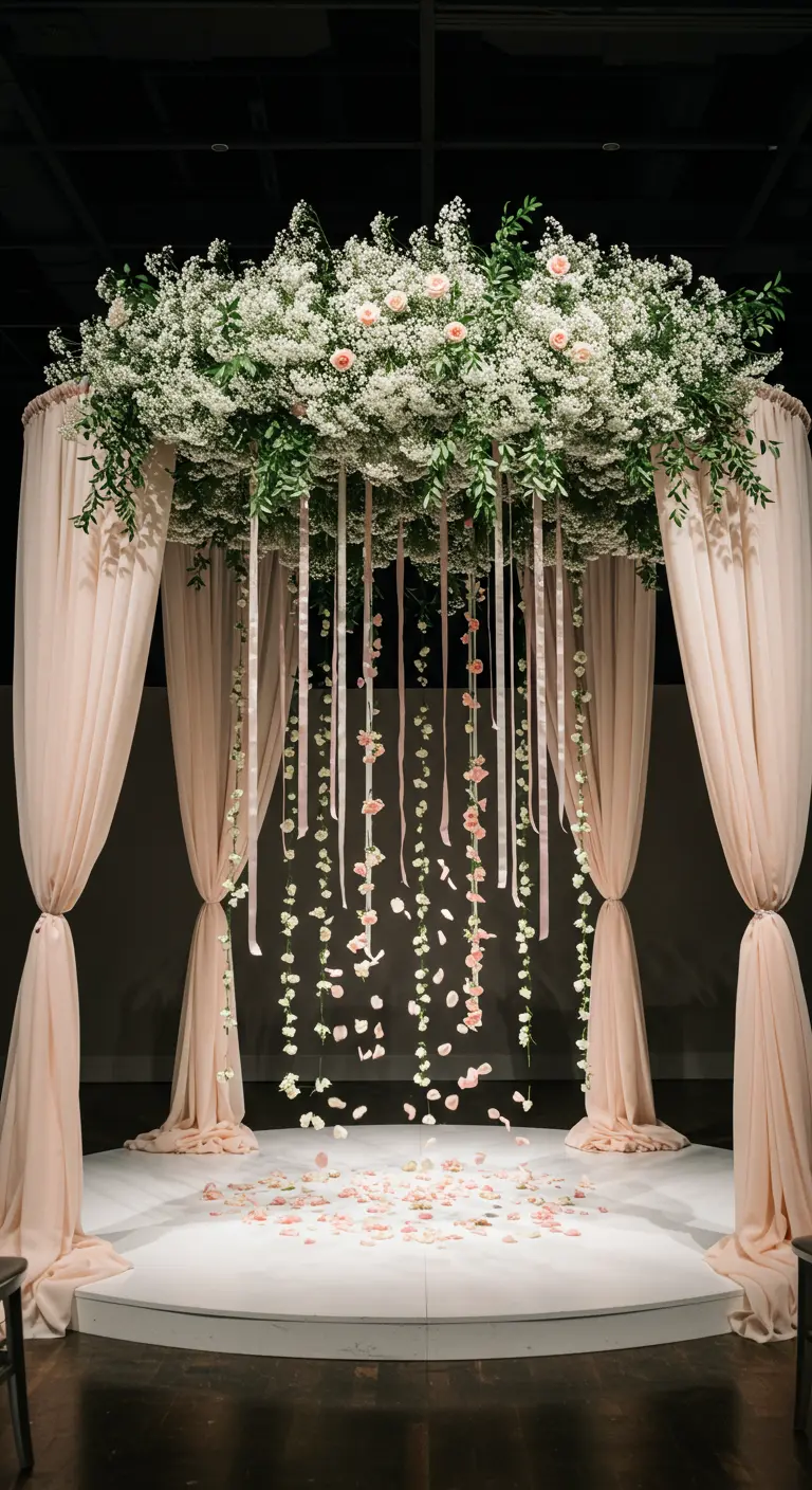 Circular wedding canopy with hanging ribbons and falling rose petals in blush pink.