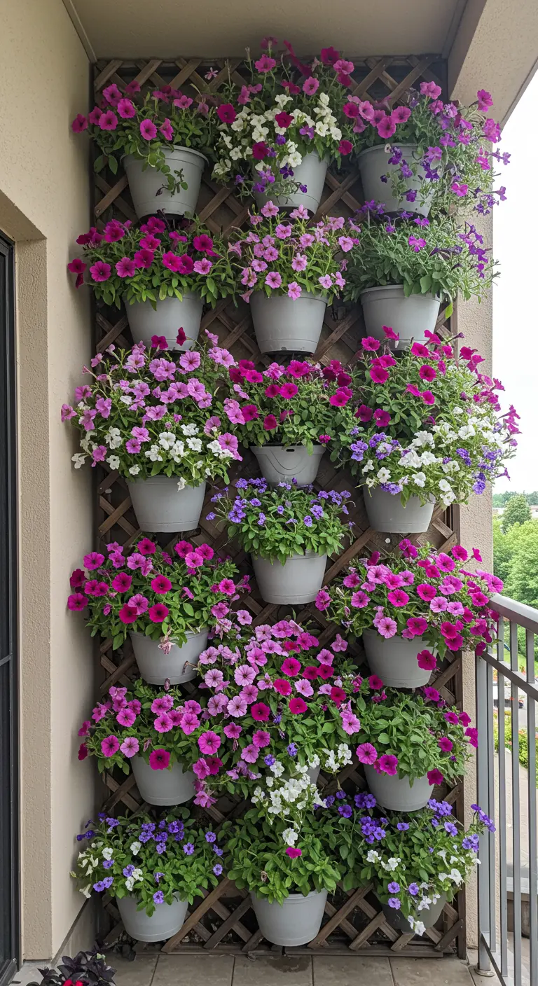 A balcony wall trellis completely covered in a dense cascade of pink and purple petunias.