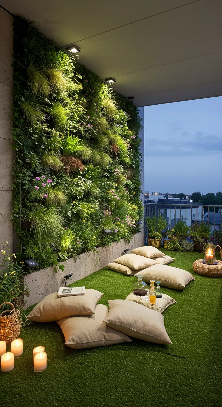A balcony covered in artificial grass with a lush living wall and pillows scattered for a picnic feel.