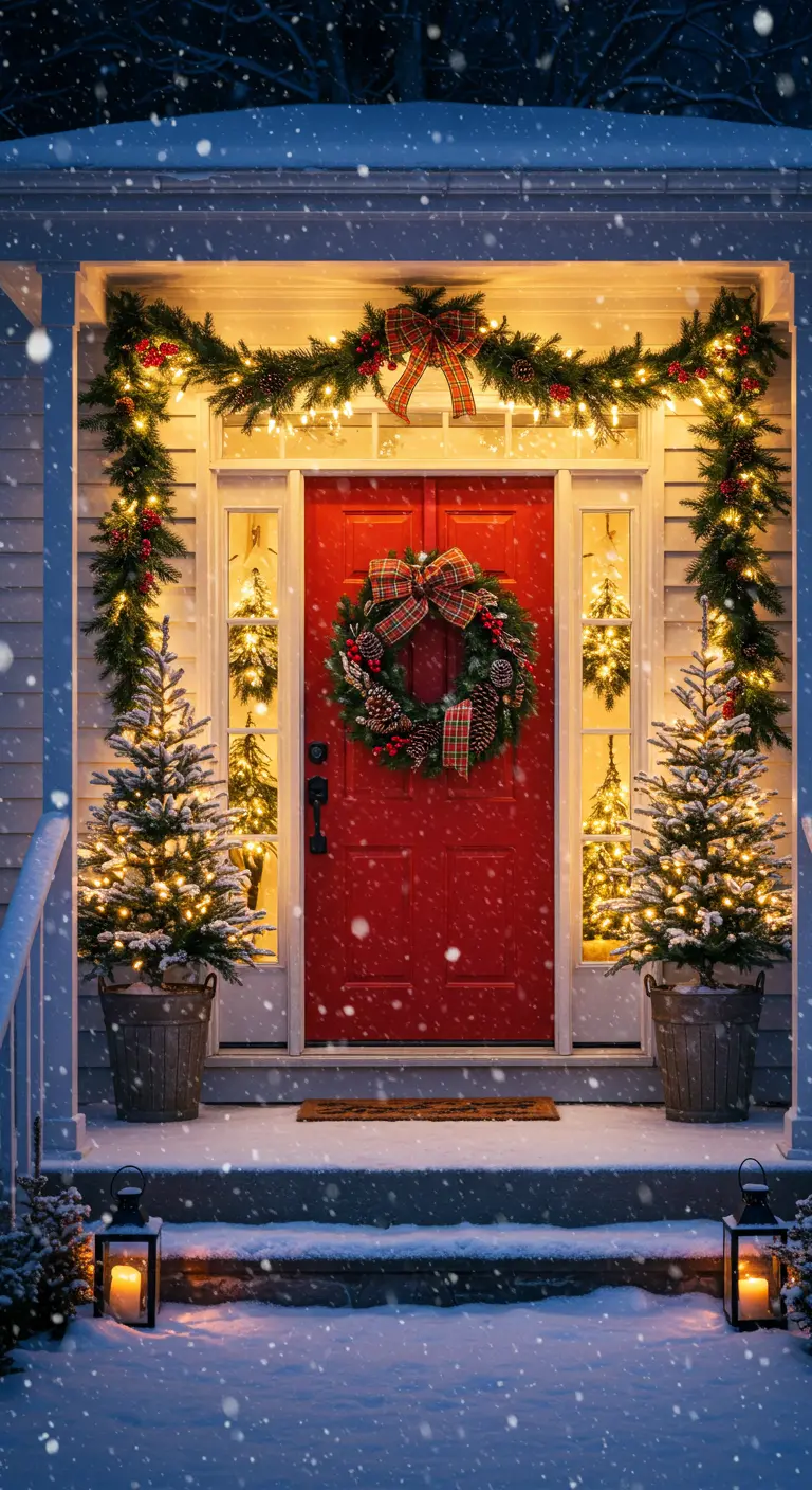 A perfect snowy porch scene at night with a red door, lit trees, garlands, and a plaid-bow wreath.