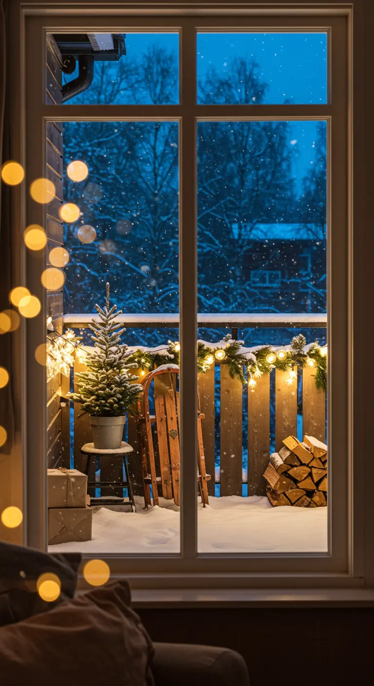 Snowy balcony with a small tree and sled, viewed through a large window from inside.