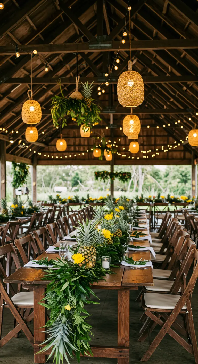Long wooden tables with centerpieces made of greenery, pineapples, and yellow flowers.