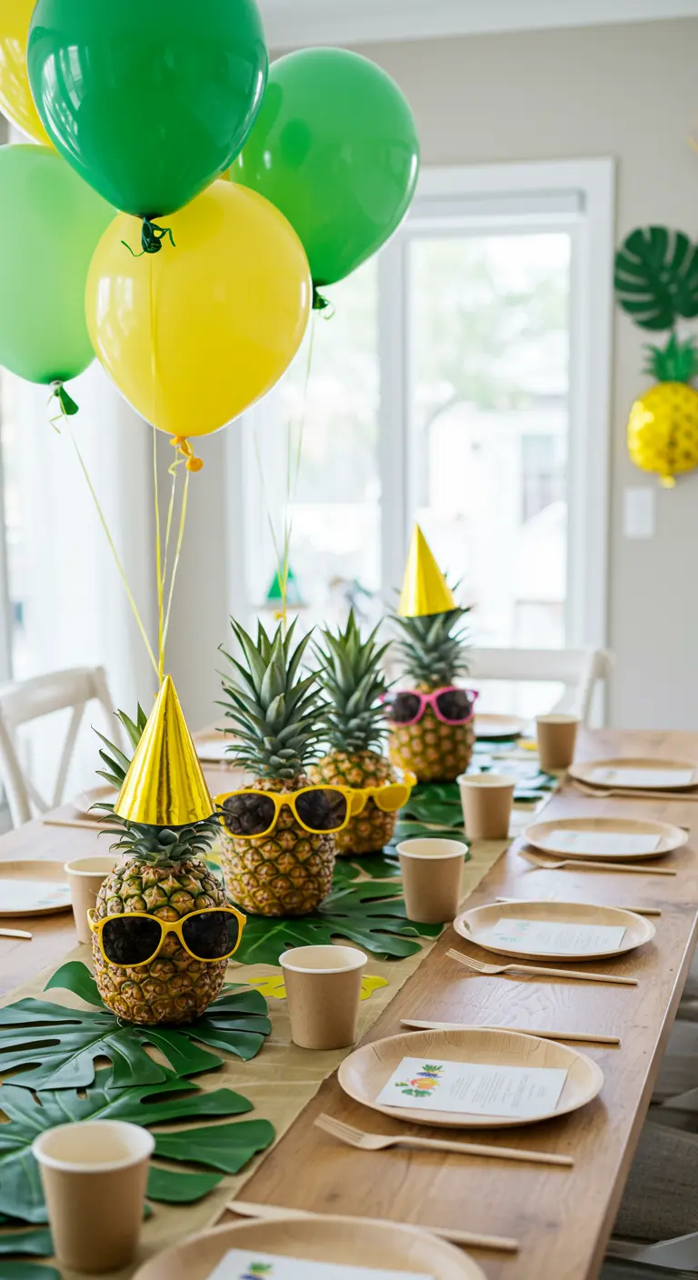 A line of pineapples on a table wearing sunglasses and tiny party hats