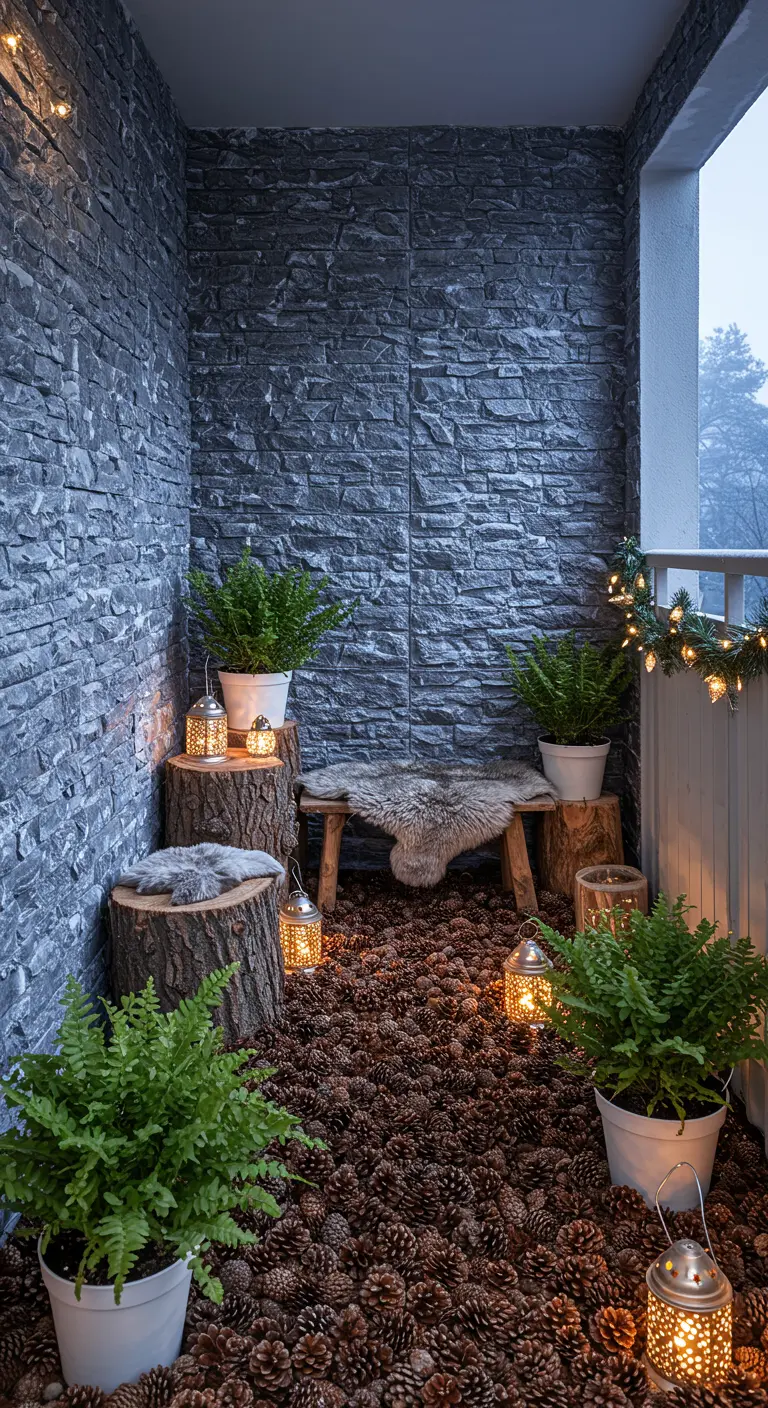 Balcony floor completely covered in pinecones, with potted ferns and log stools.