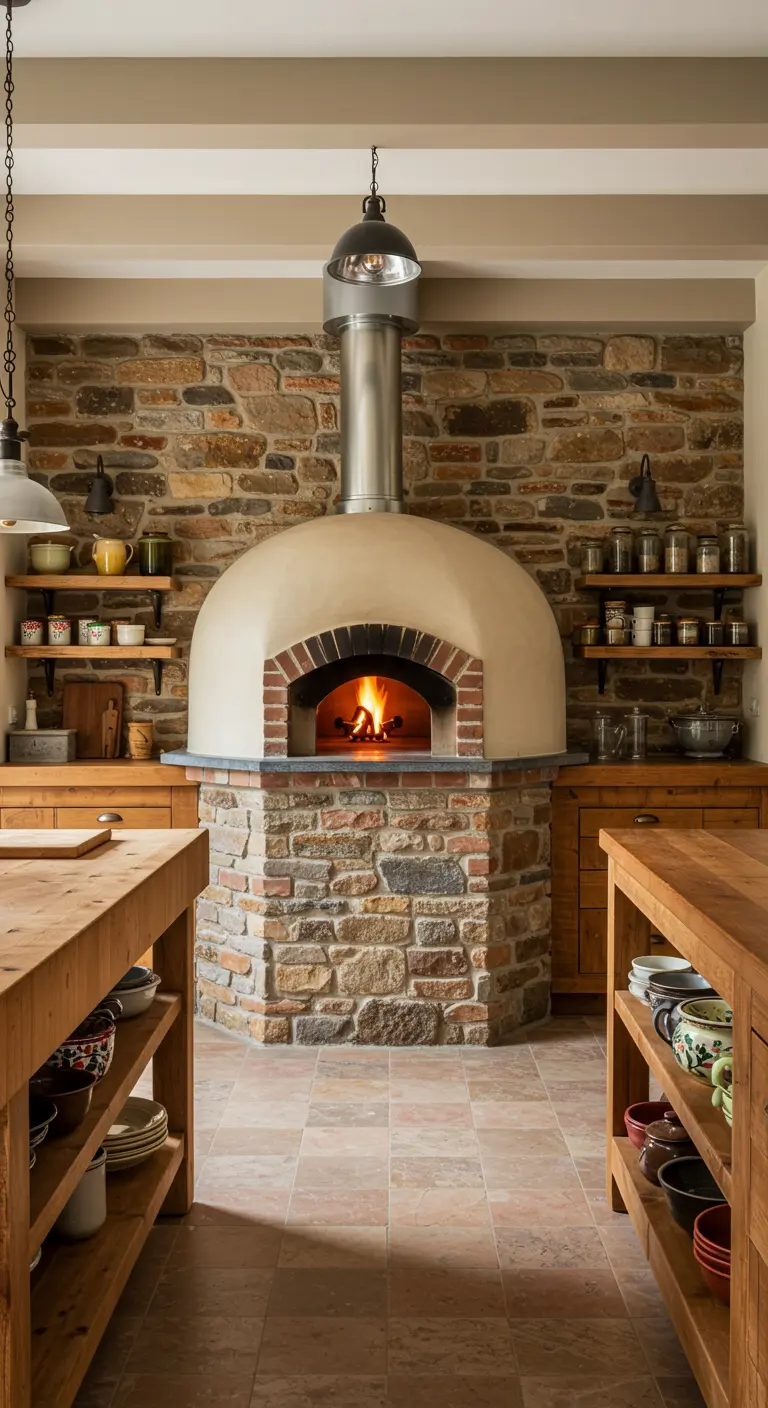 A rustic kitchen centered around a large, built-in pizza oven made of stone.