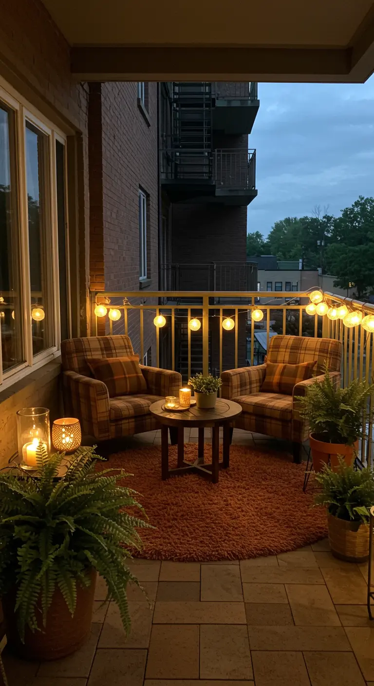 A balcony at dusk with two plaid armchairs, a shag rug, and candle lanterns.