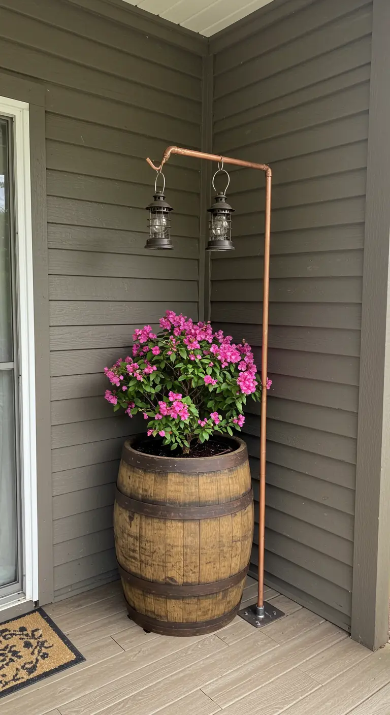A copper pipe hook stand coming out of a wooden barrel planter, holding two lanterns.