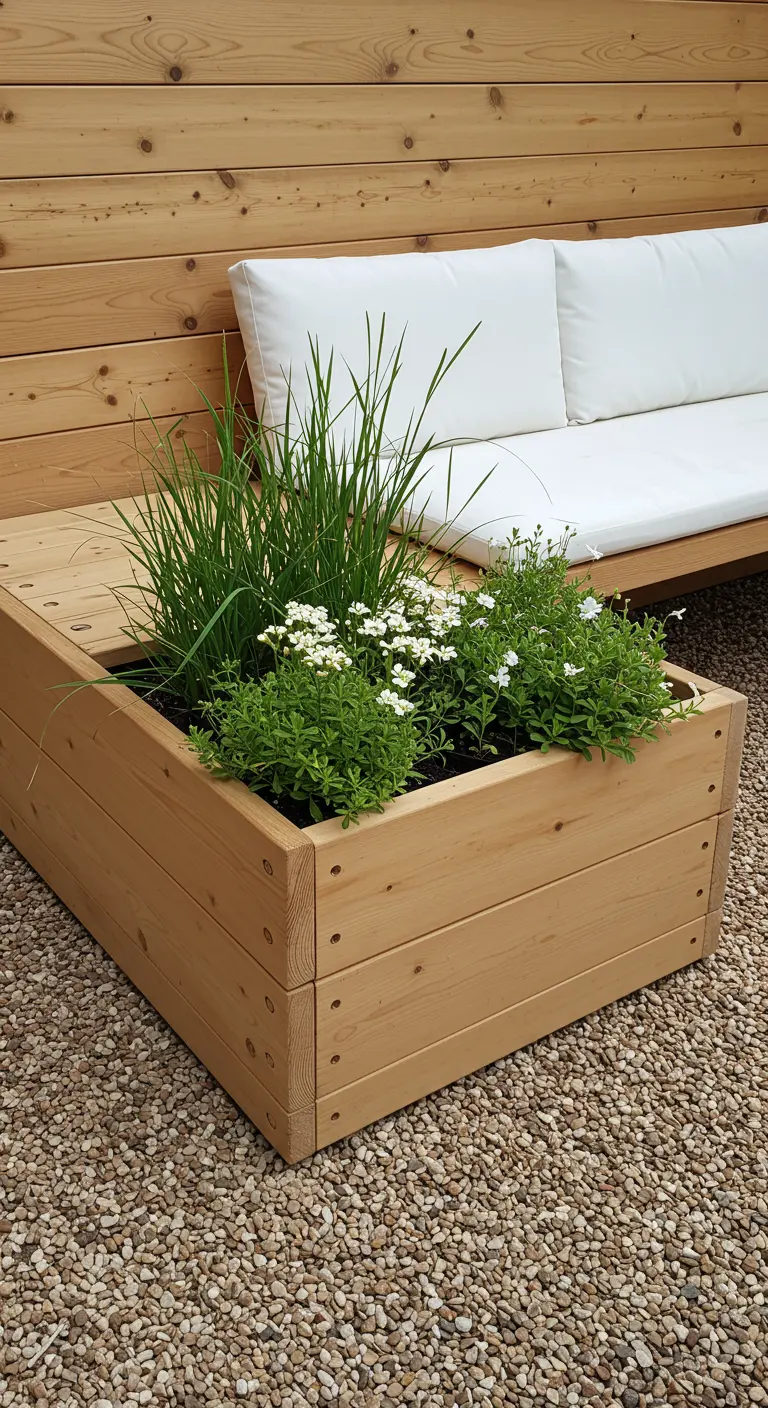 A light wood bench with a built-in planter box at one end, filled with flowers and grasses.