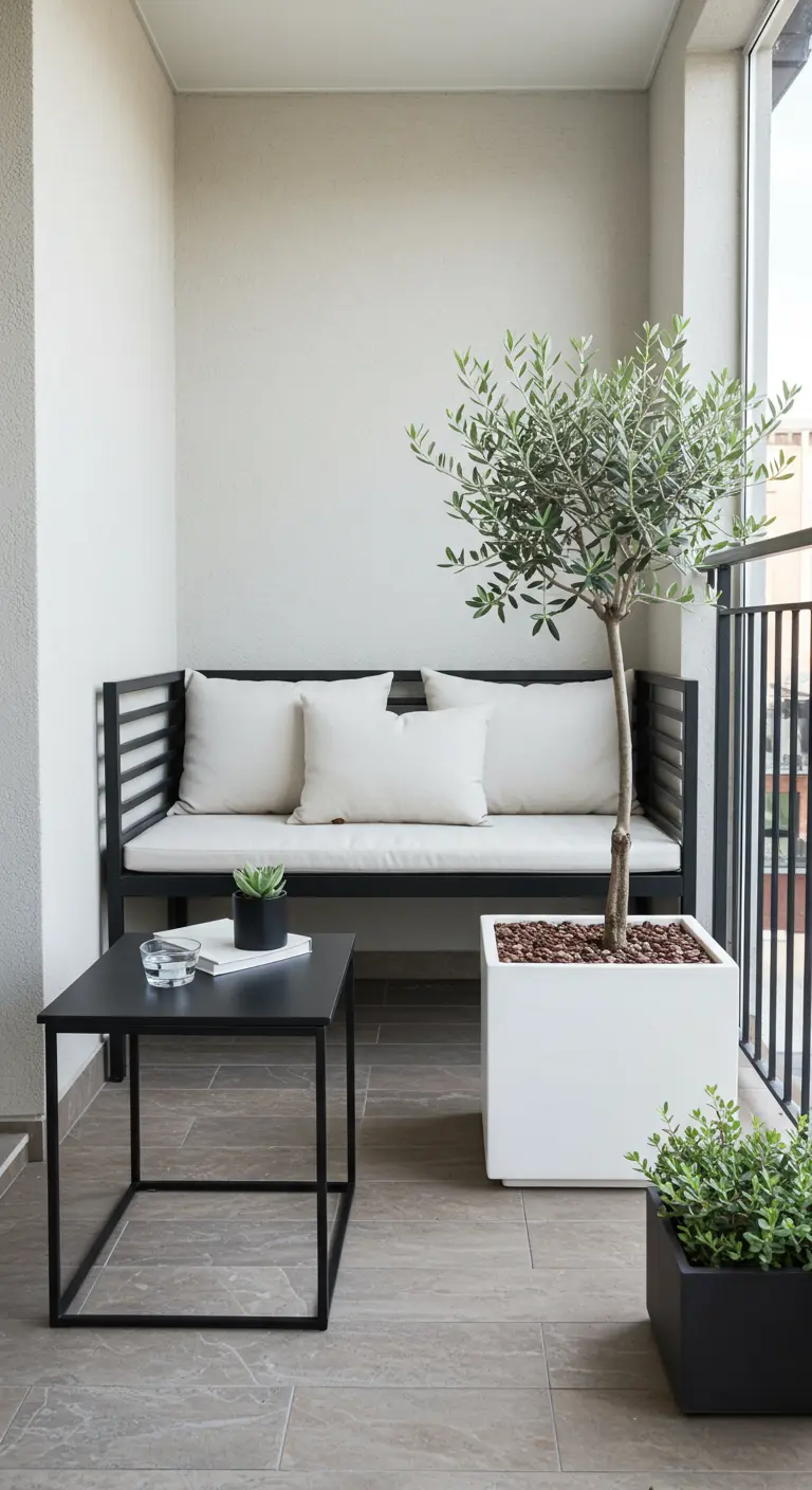 A small balcony with a black bench, a square white planter, and a black trough planter.