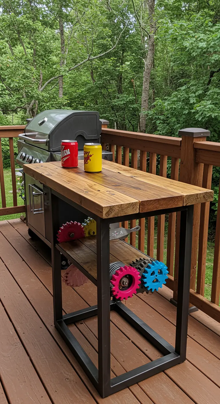 A two-tiered BBQ prep table decorated with brightly colored gears on the lower shelf.
