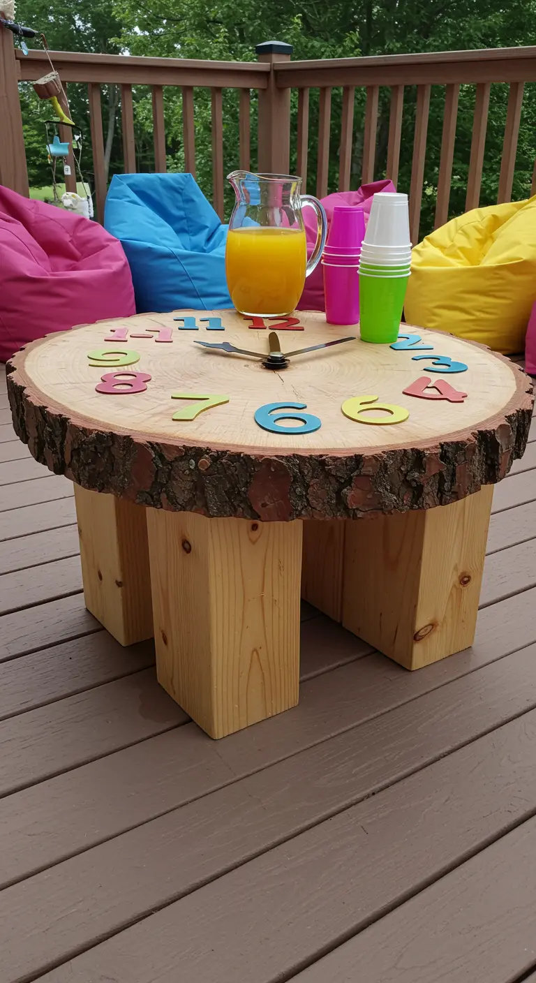 A low log slice table with colorful craft numbers for the clock, surrounded by beanbags.