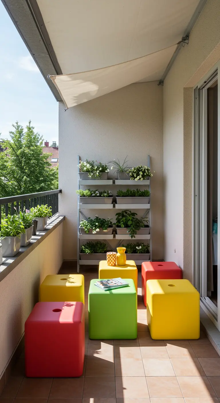 A balcony with colorful cube-shaped stools in red, yellow, and green, with a white planter rack.