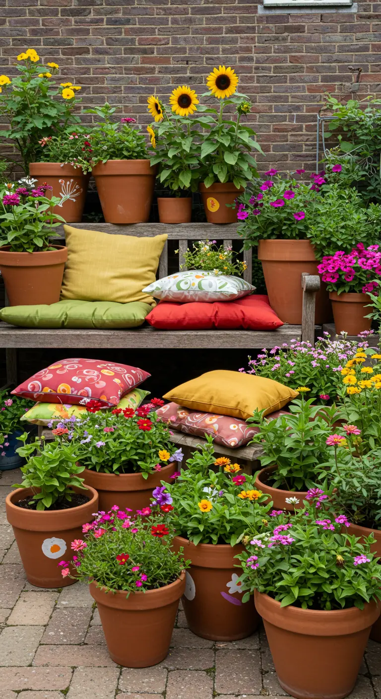 A wooden bench overflowing with colorful cushions, surrounded by terracotta pots of sunflowers and zinnias.