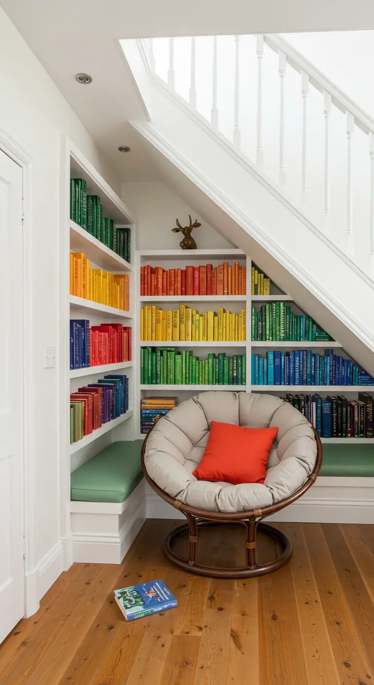Reading nook with books arranged by color on white shelves and a papasan chair.