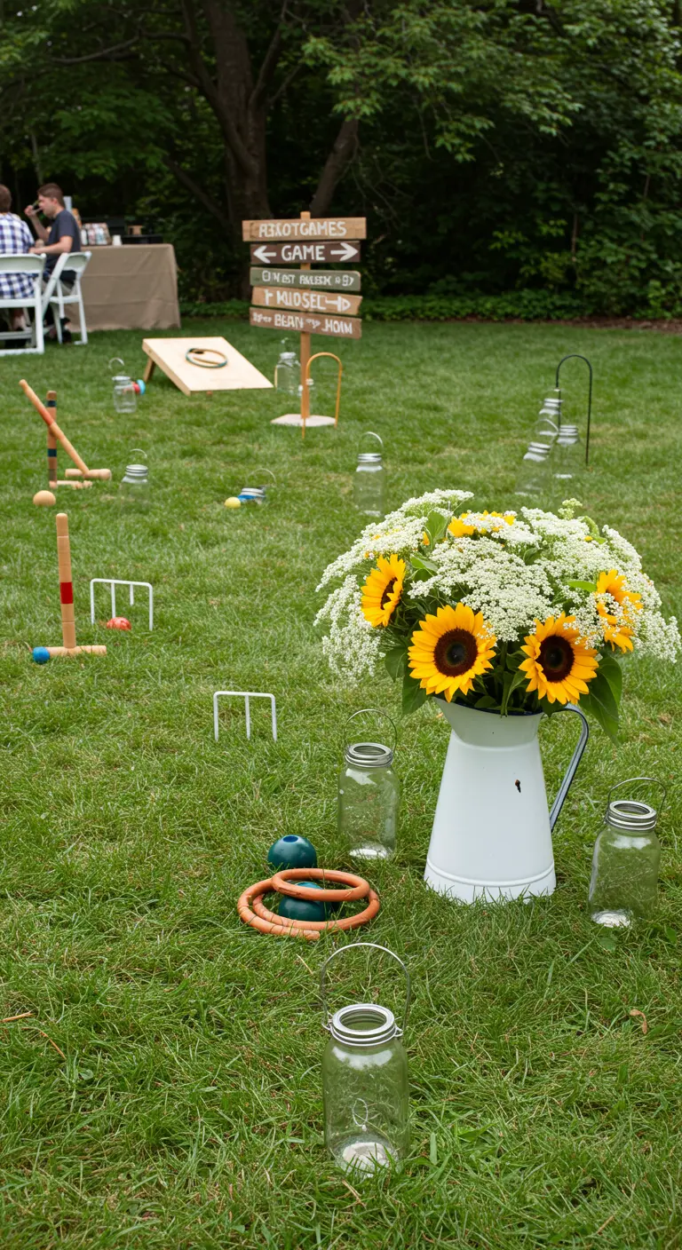 Lawn games like croquet and ring toss set up on a green lawn for a party.