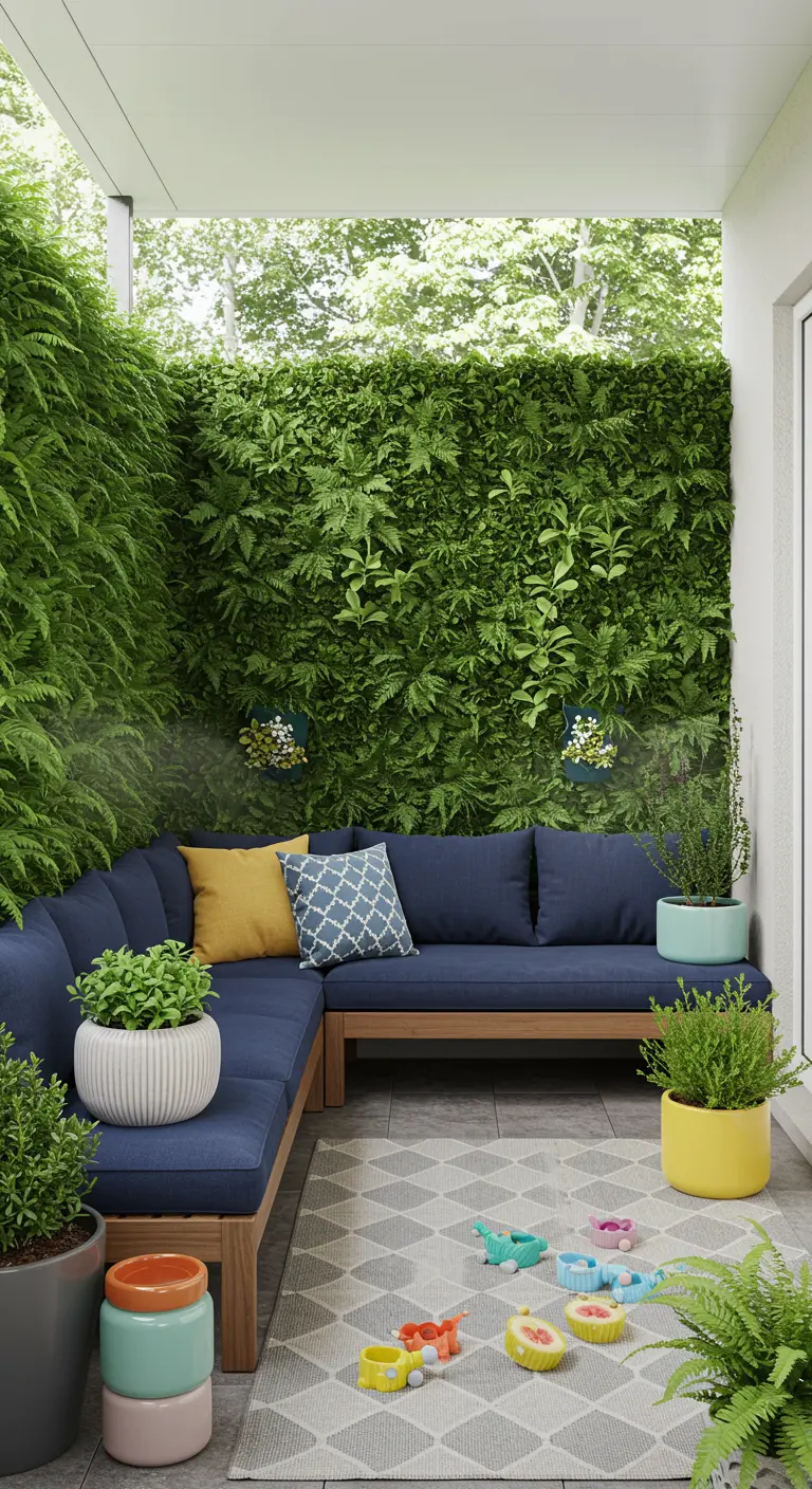 A family-friendly balcony with a blue sectional, colorful planters, and children's toys on a rug.