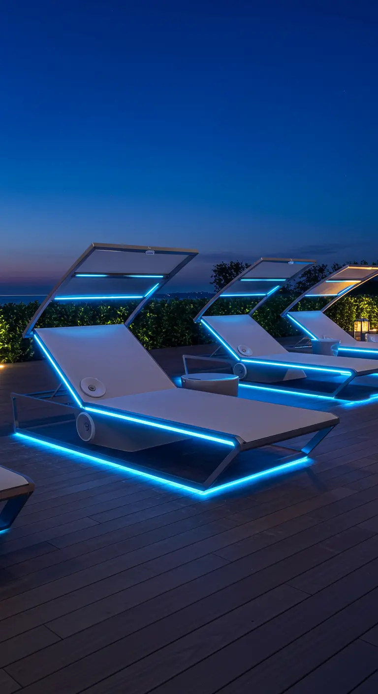 Modern sunbeds with glowing blue LED lights built into their frames on a dark deck.