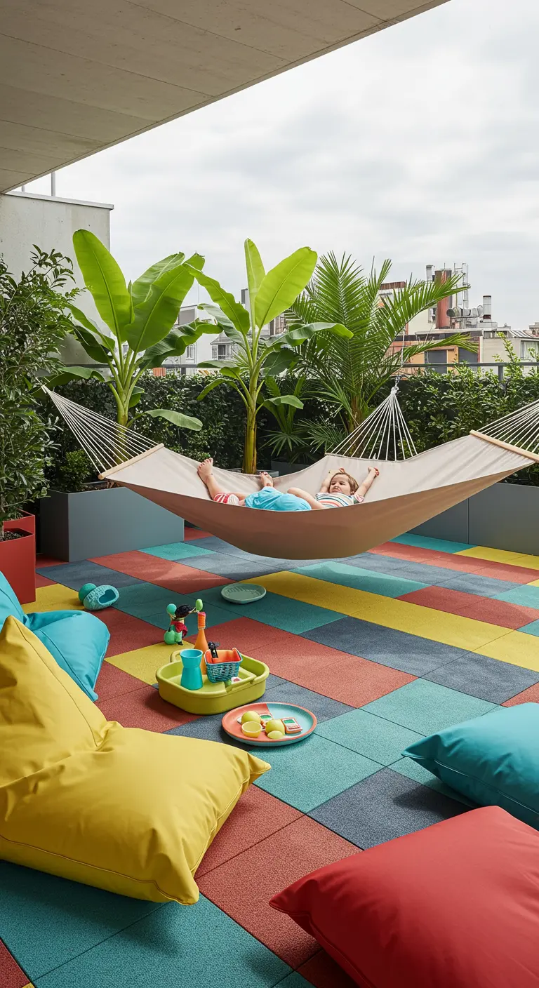 A colorful, kid-friendly terrace with soft floor tiles, bean bags, and a hammock.